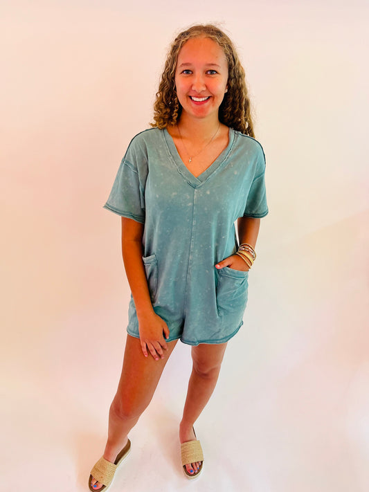 Mineral Washed Pocket Romper - Sage