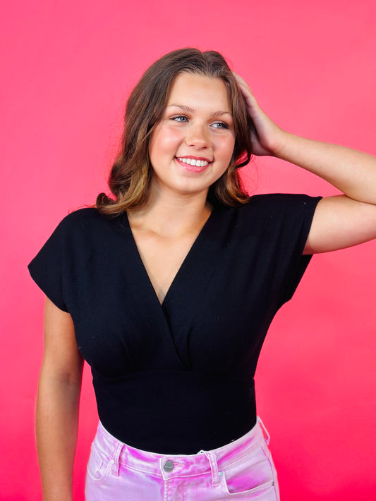 It’s A Great Day To Learn Black Short Sleeve V Neck Surplice Bodysuit