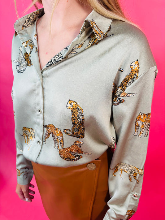 Let’s Get Creative Olive Cheetah Satin Button Down
