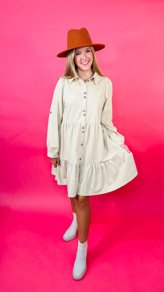Sights To See Beige Twill Button Tiered Dress