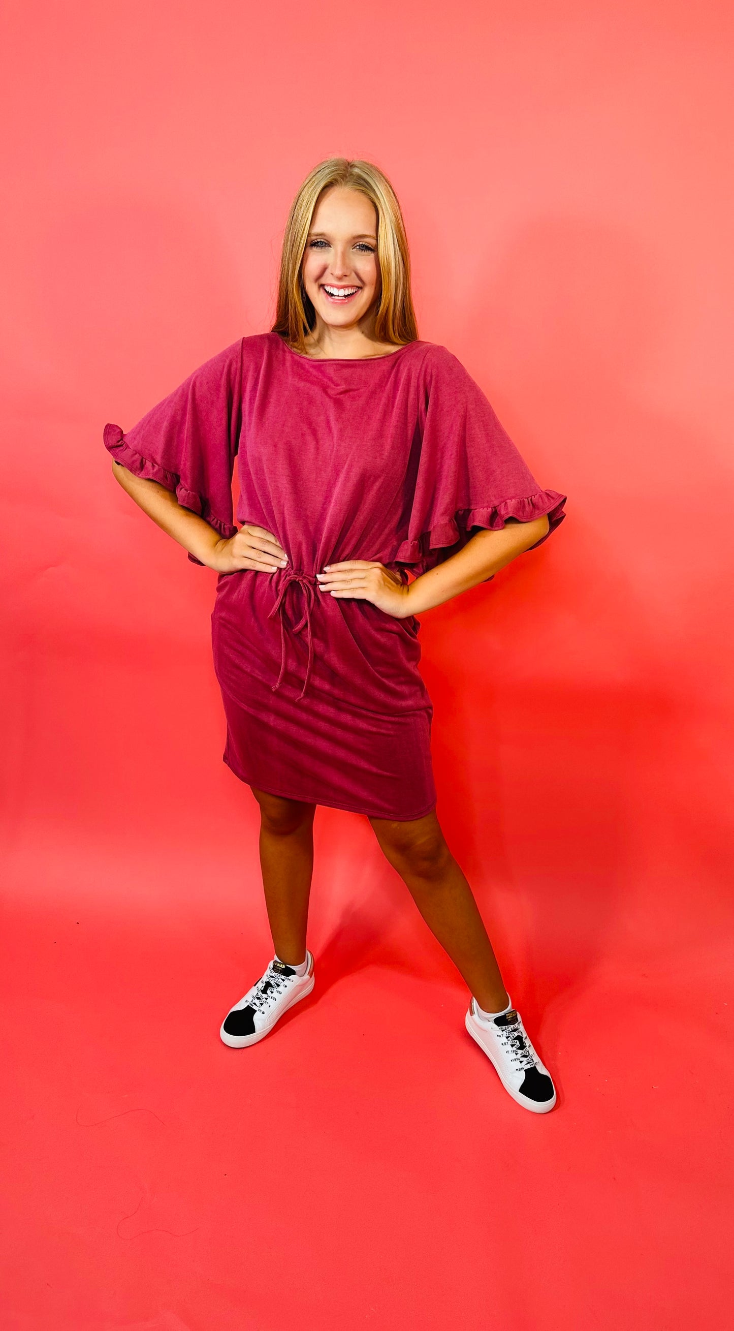 Catching Up Drawstring Mineral Washed Burgundy Ruffle Sleeve Knit Dress