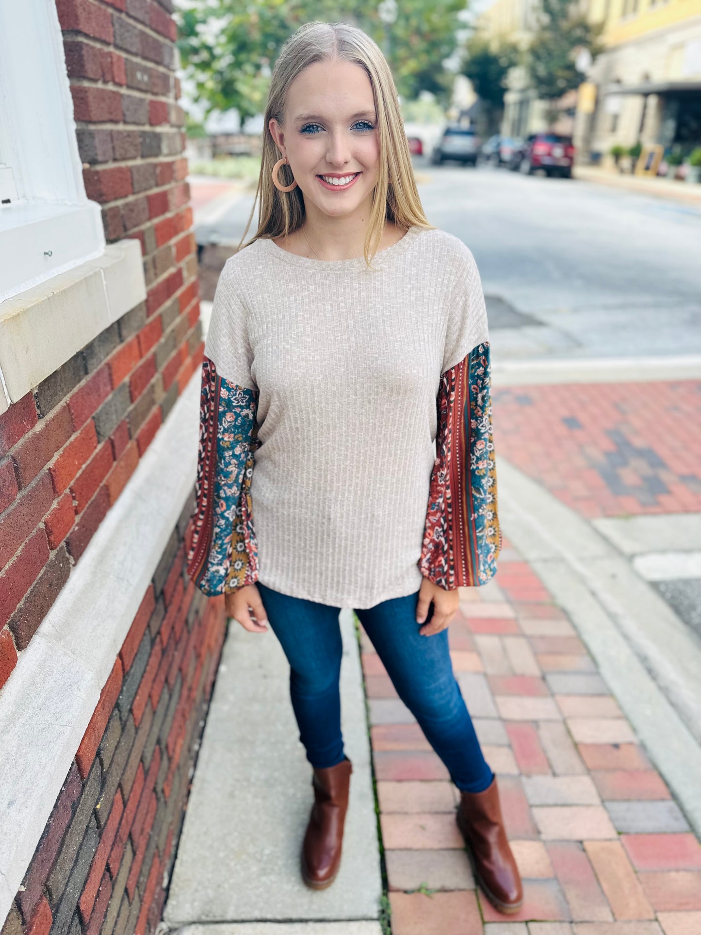 Paisley Dream Ribbed Top - Taupe/Rust