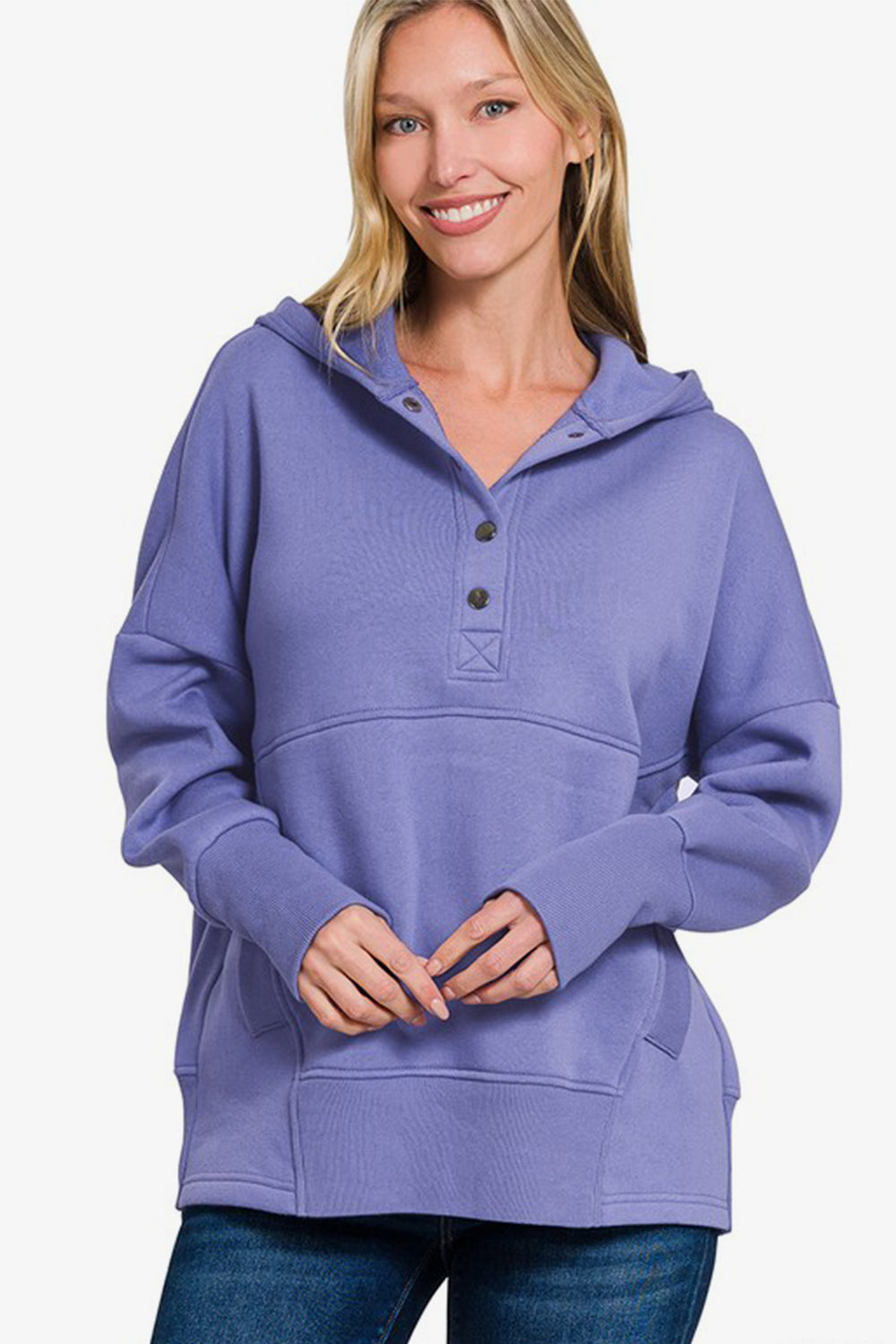 Half Snap Long Sleeve Hoodie with Kangaroo Pocket ONLINE ONLY