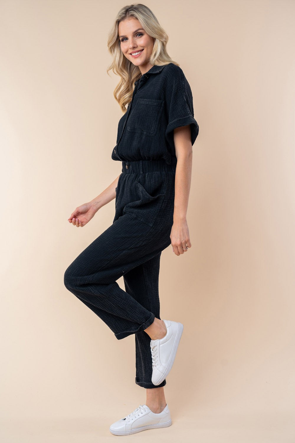 ONLINE ONLY Texture Short Sleeve Jumpsuit