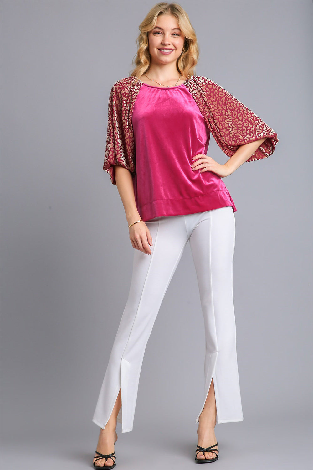 Round Neck Leopard Balloon Sleeve Velvet Top ONLINE ONLY