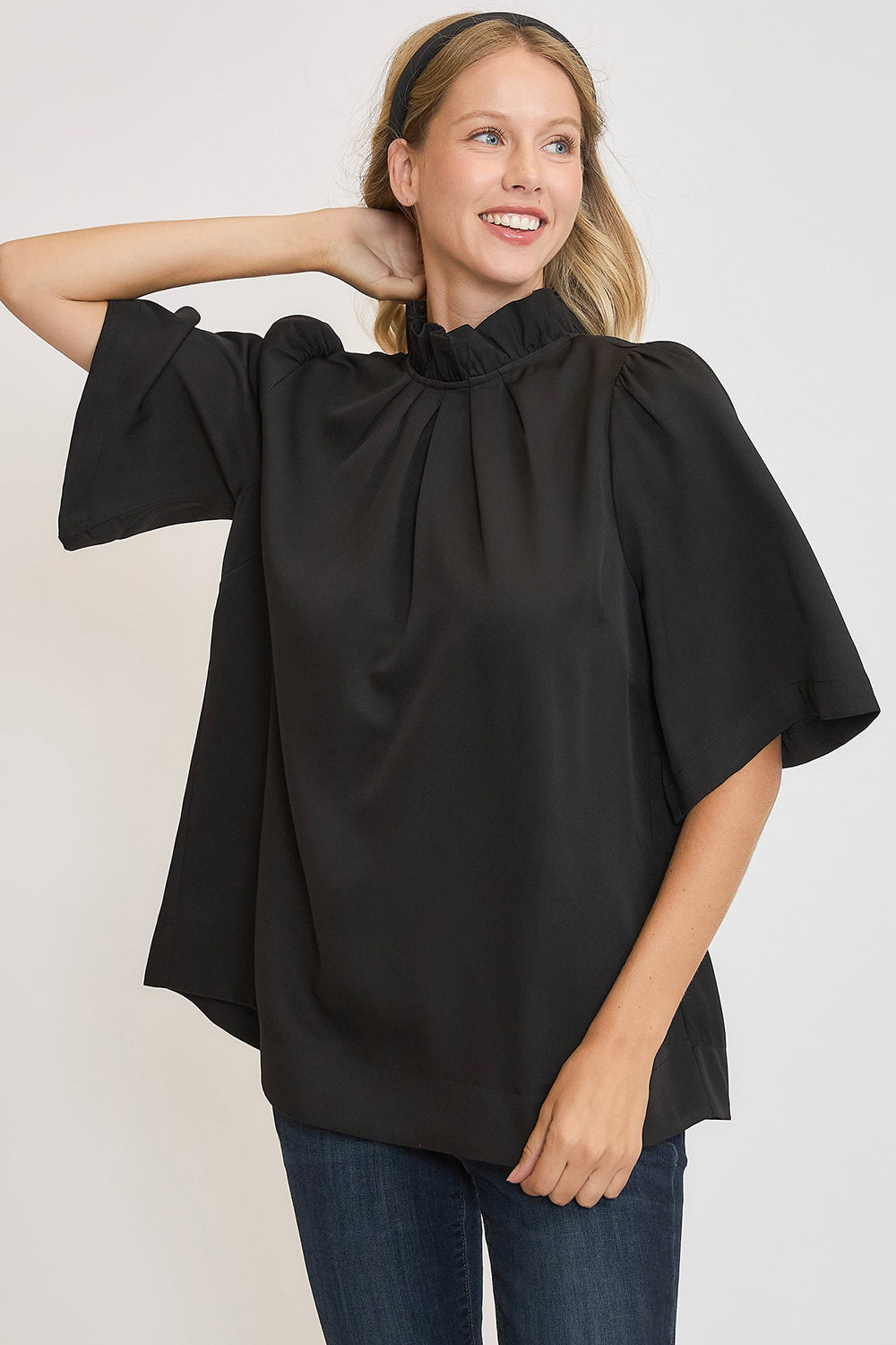 Bow Tie Back Mock Neck Half Sleeve Blouse ONLINE ONLY