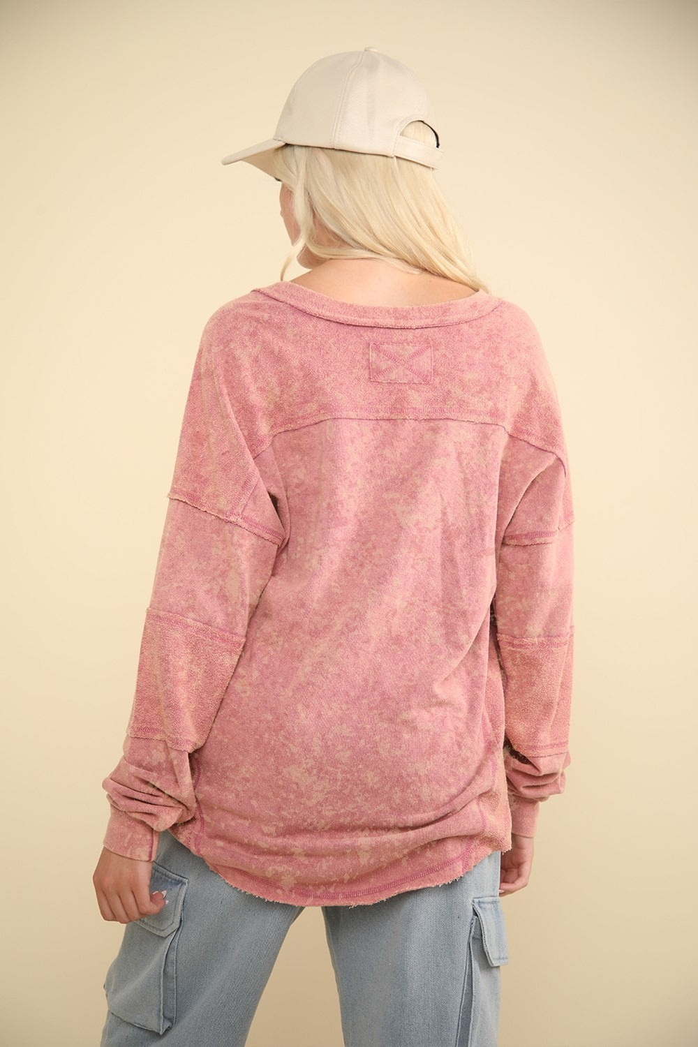 Washed V-Neck Exposed Seam Knit Top