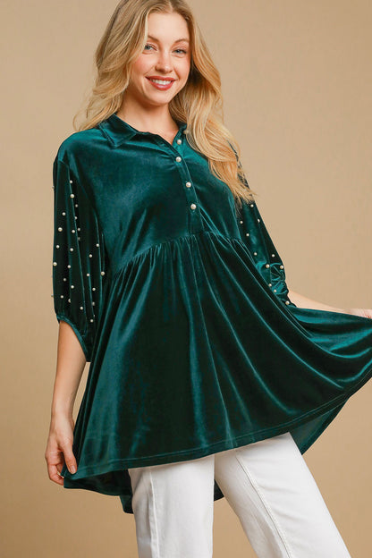 Pearl Detail Half Sleeve Velvet Babydoll Blouse ONLINE ONLY