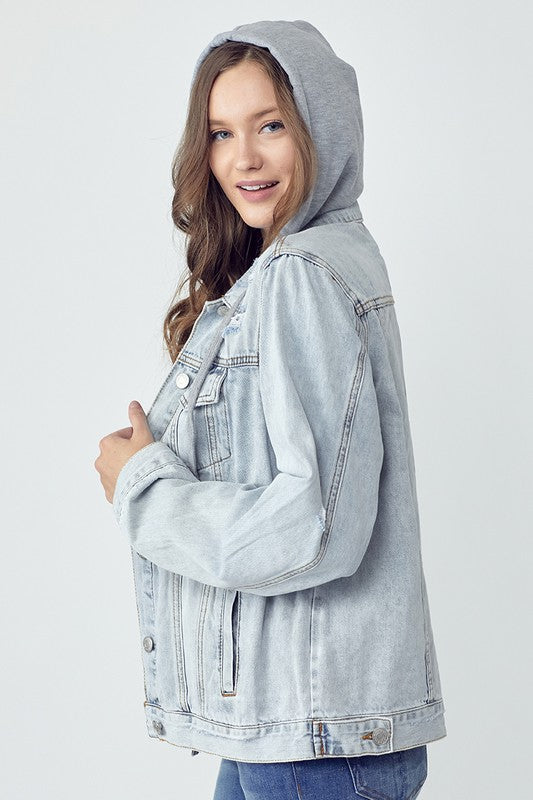 RISEN Full Size Distressed Drawstring Hooded Denim Jacket ONLINE ONLY