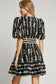 Ribbon Print Frill Contrast Velvet Trim Half Sleeve Dress ONLINE ONLY