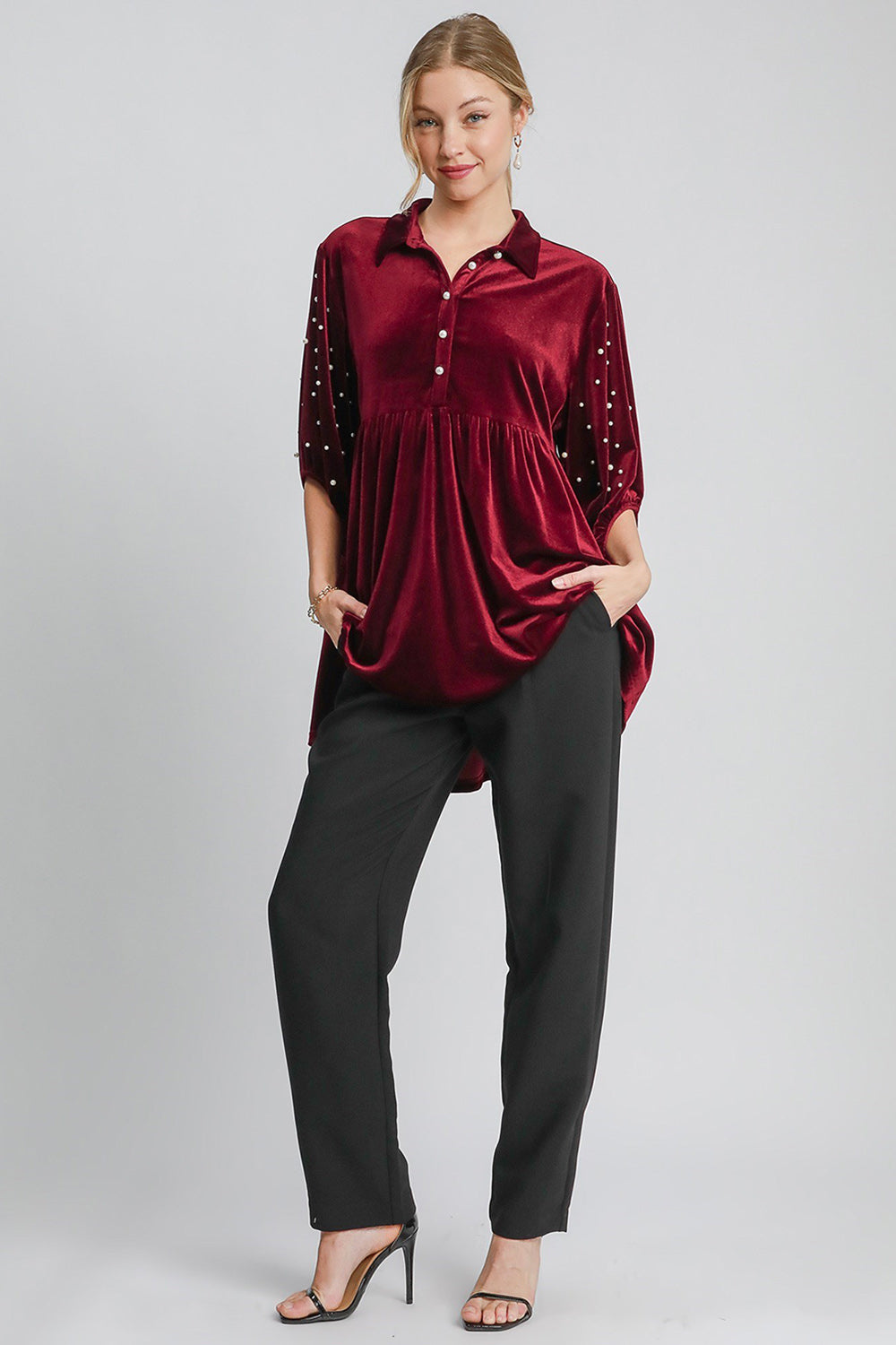 Pearl Detail Collared Neck Velvet Babydoll Blouse ONLINE ONLY