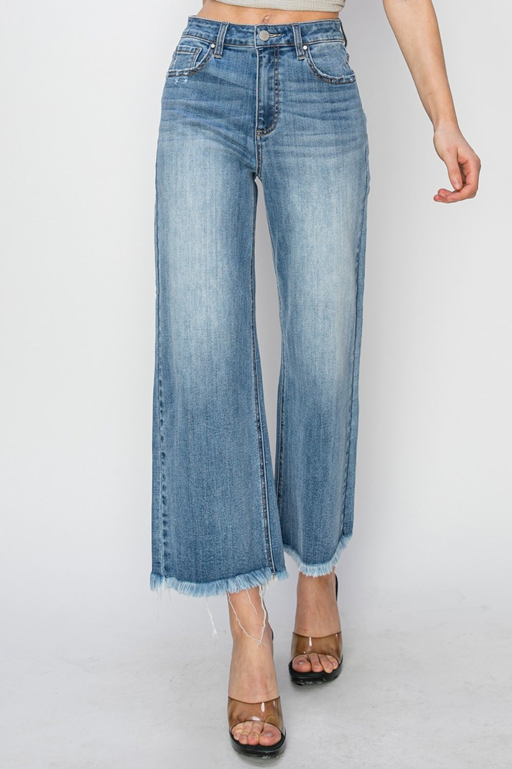 ONLINE ONLY RISEN Raw Hem Cropped Wide Leg Jeans