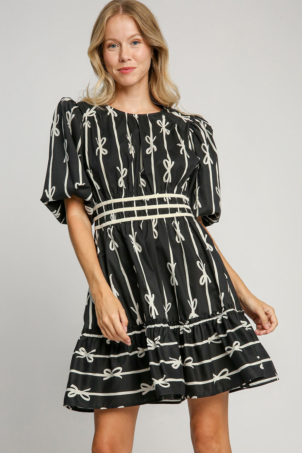 Ribbon Print Frill Contrast Velvet Trim Half Sleeve Dress ONLINE ONLY