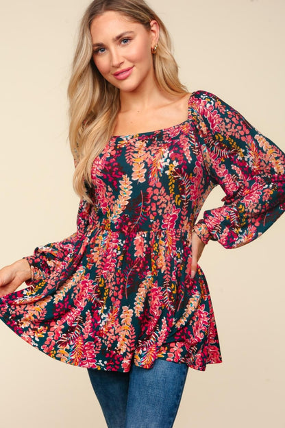 ONLINE ONLY Full Size Peplum Floral Square Neck Blouse