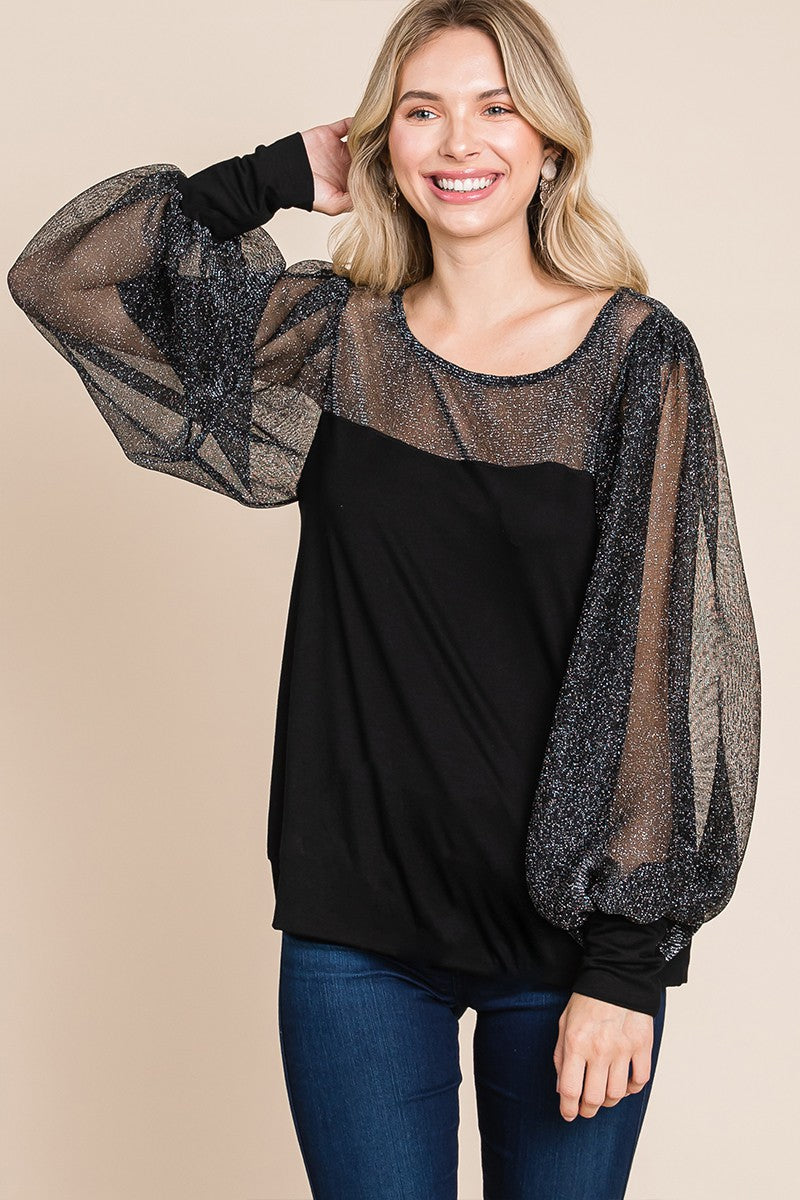 Full Size Metallic Mesh Lantern Sleeve Blouse ONLINE ONLY