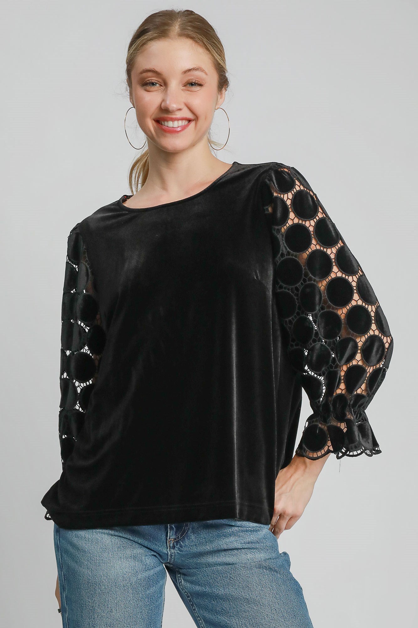 Polka Dot Lace Long Sleeve Round Neck Blouse ONLINE ONLY