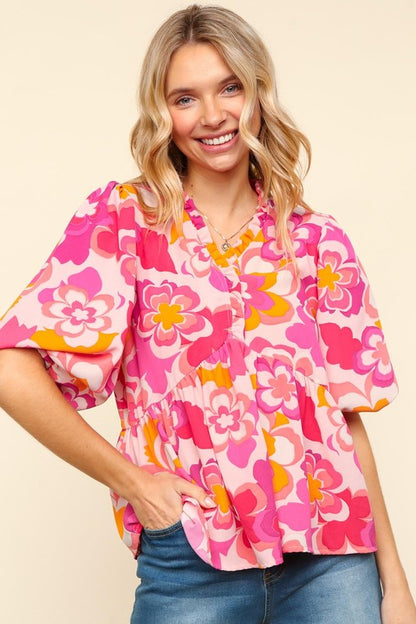 Full Size Frill Floral Puff Sleeve Blouse