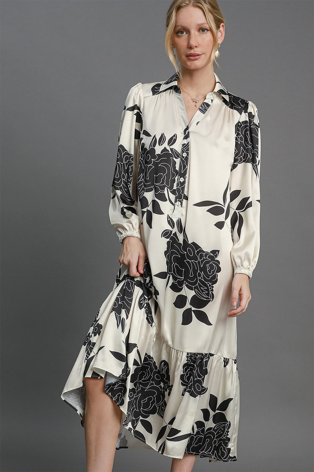 Ruffle Hem Flower Print Johnny Collar Dress ONLINE ONLY