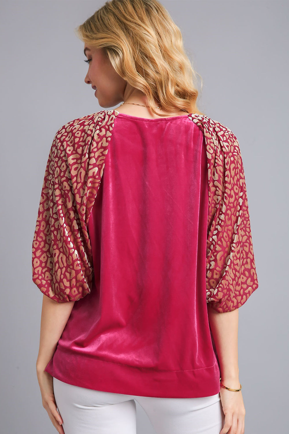 Round Neck Leopard Balloon Sleeve Velvet Top ONLINE ONLY