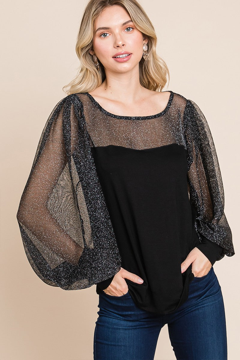 Full Size Metallic Mesh Lantern Sleeve Blouse ONLINE ONLY