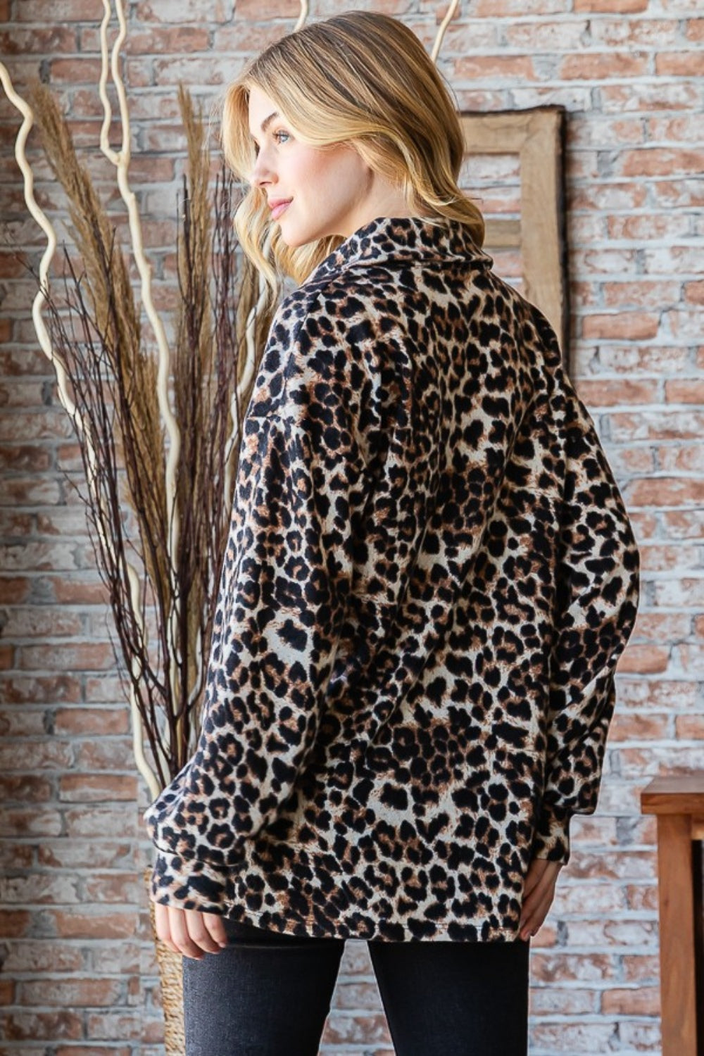 Full Size Leopard Johnny Collar Long Sleeve Top