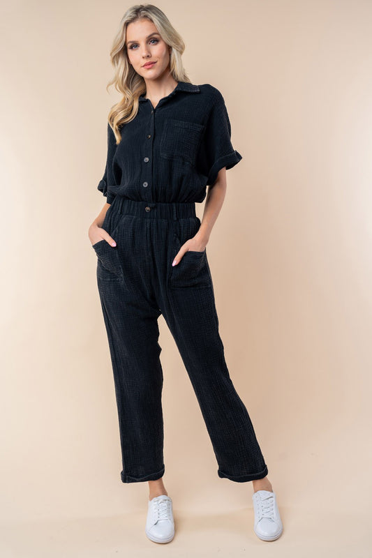 ONLINE ONLY Texture Short Sleeve Jumpsuit