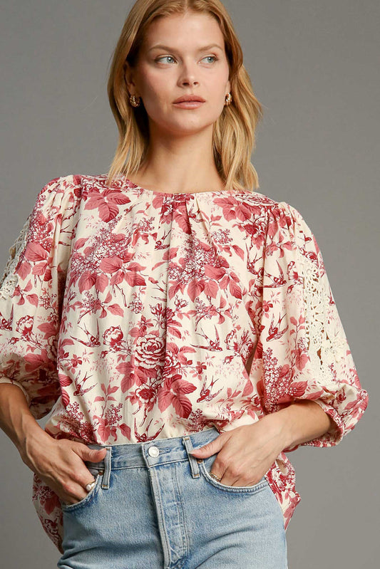 Floral Pleated Detail Lace Trim Sleeve Blouse ONLINE ONLY