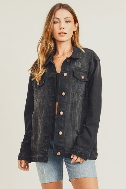 RISEN Full Size Distressed Long Sleeve Denim Jacket ONLINE ONLY