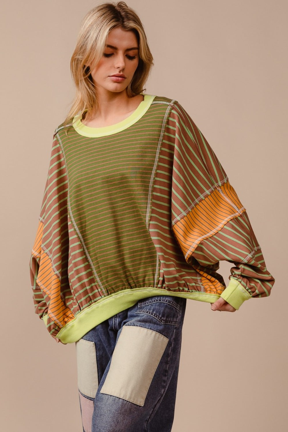 Color Block Striped Round Neck Sweatshirt