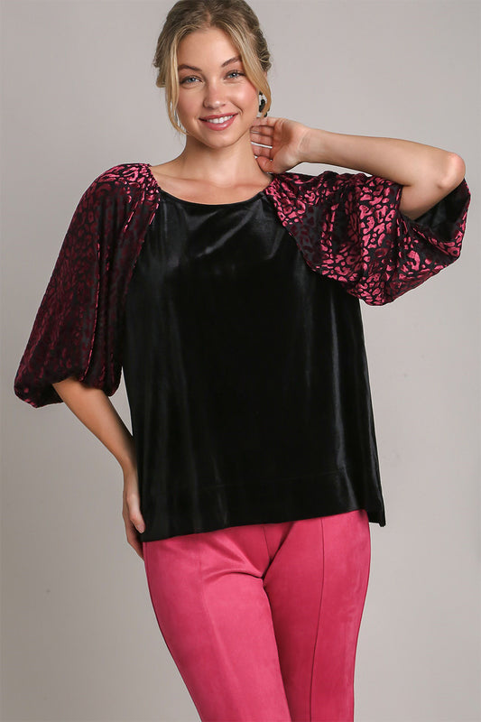 Round Neck Leopard Balloon Sleeve Velvet Top ONLINE ONLY