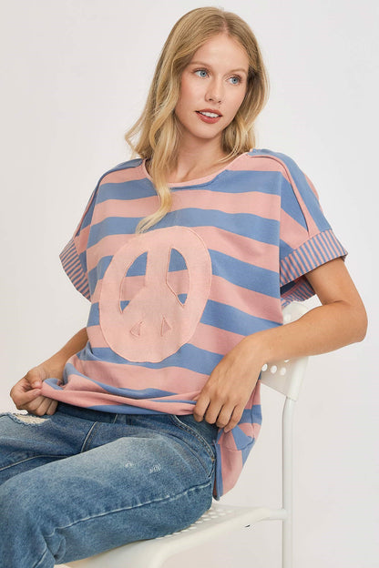 Peace Sign Patch Striped French Terry T-Shirt