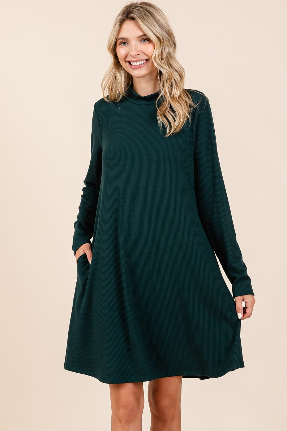 Mock Neck Long Sleeve Dress with Pockets ONLINE ONLY