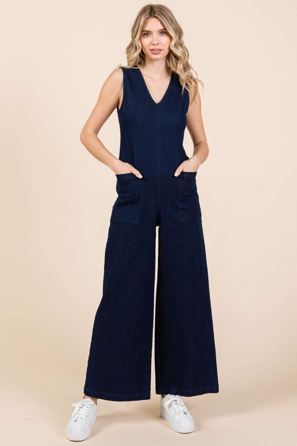 ONLINE ONLY Sleeveless Wide Leg Denim Jumpsuit