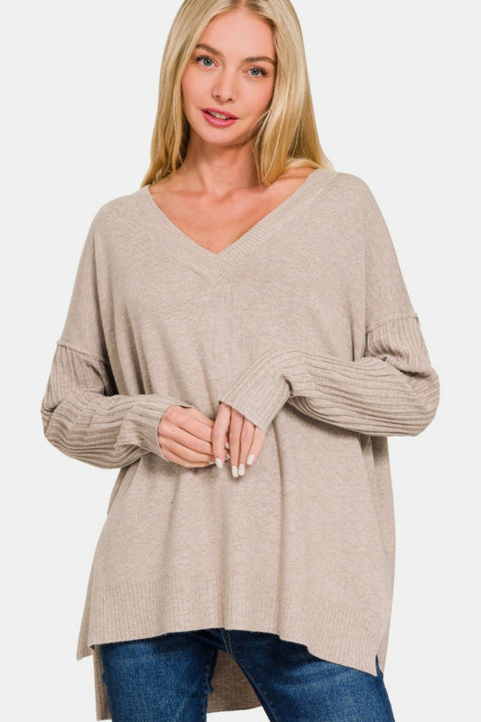 V-Neck Side Slit High-Low Sweater