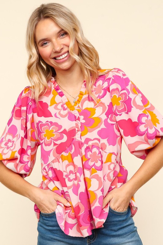 Full Size Frill Floral Puff Sleeve Blouse