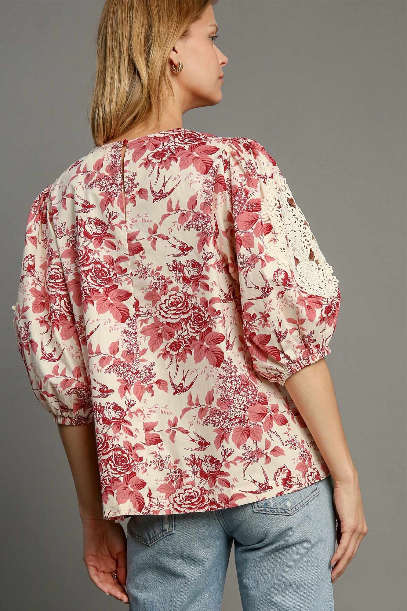 Floral Pleated Detail Lace Trim Sleeve Blouse ONLINE ONLY