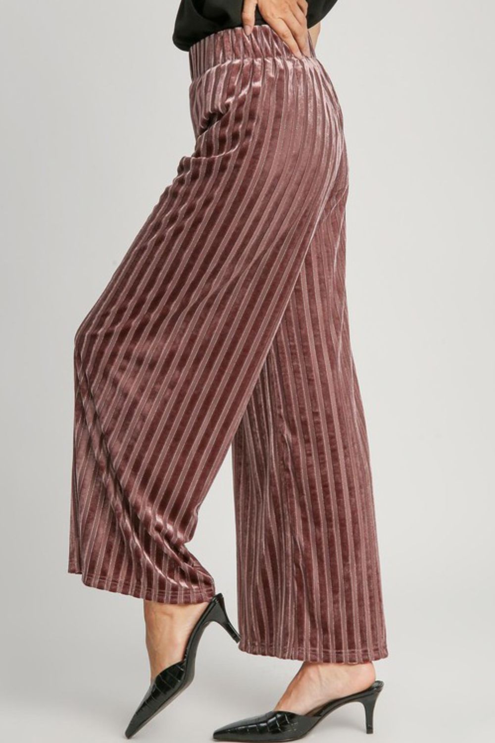 Full Size Elastic Waist Striped Wide Leg Velvet Pants ONLINE ONLY