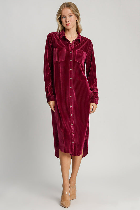 Texture Curved Hem Button Down Shirt Dress ONLINE ONLY