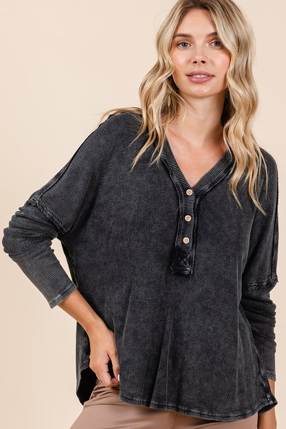 Washed V-Neck Long Sleeve Blouse ONLINE ONLY