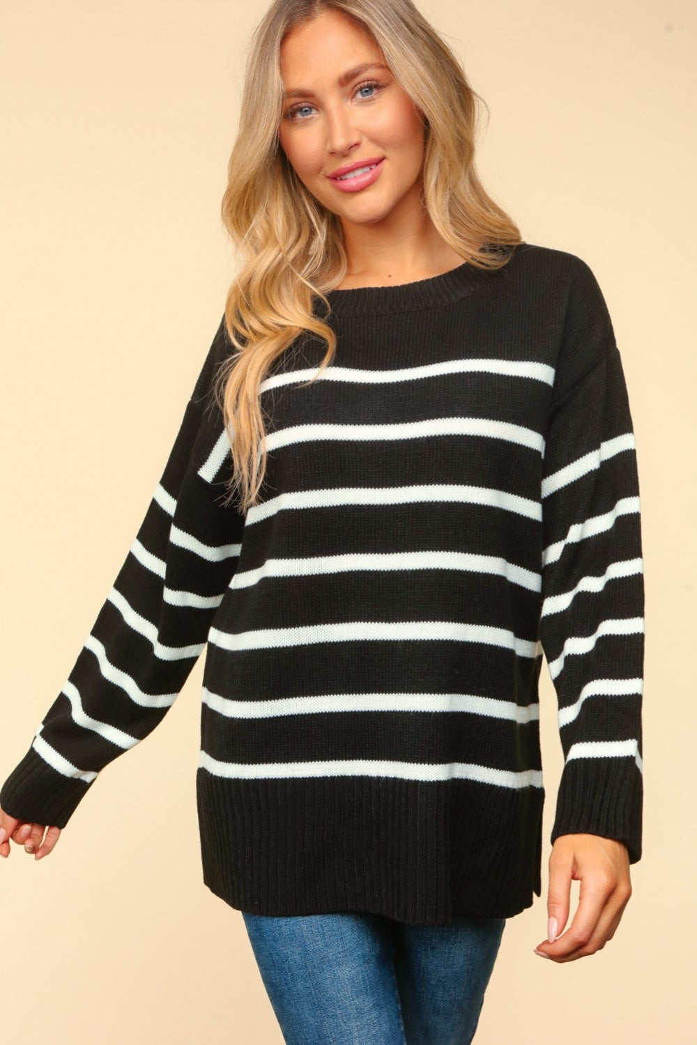 ONLINE ONLY Full Size Striped Contrast Side Slit Sweater