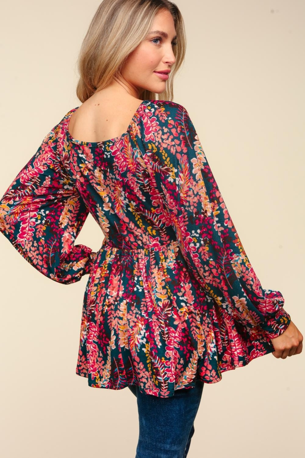 ONLINE ONLY Full Size Peplum Floral Square Neck Blouse