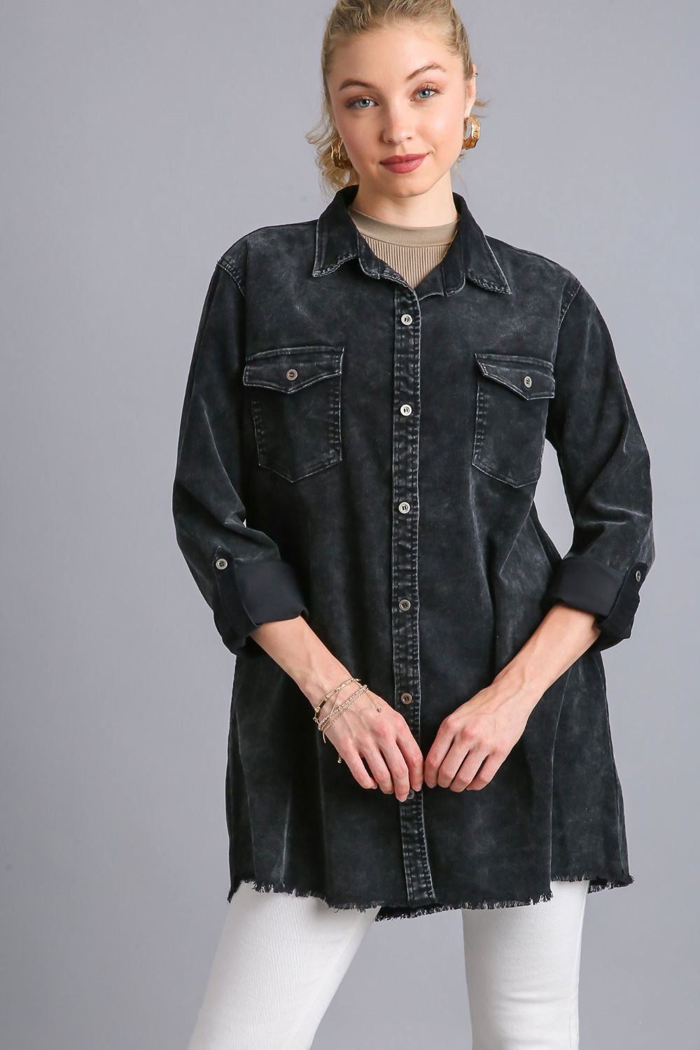 Raw Hem Button Down Denim Jacket with Chest Pockets ONLINE ONLY