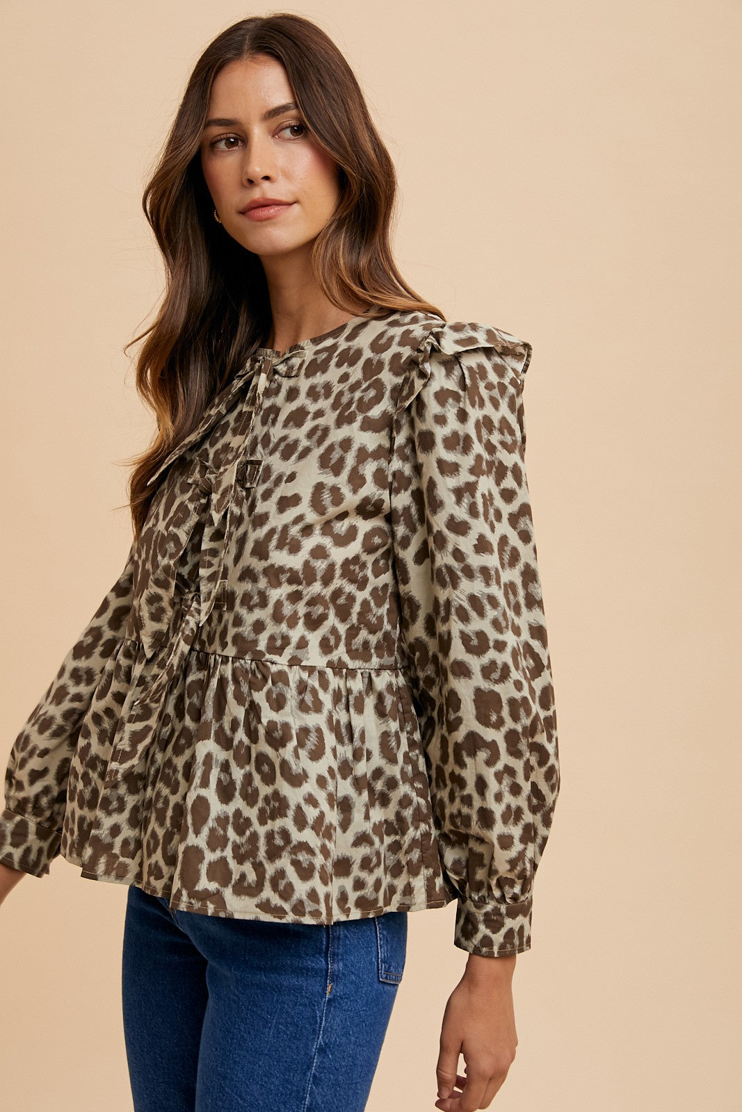 Tied Leopard Round Neck Peplum Blouse ONLINE ONLY