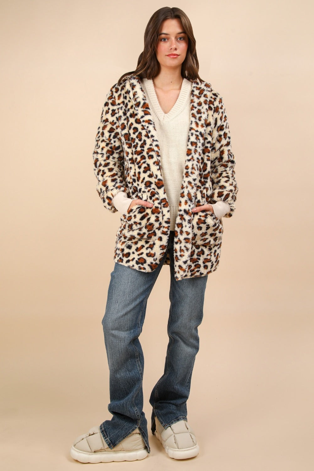 Fuzzy Leopard Long Sleeve Hooded Jacket ONLINE ONLY