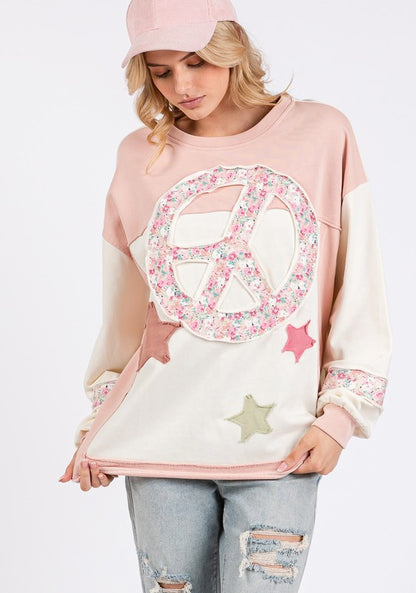 Peace & Star Patch Contrast Round Neck Sweatshirt ONLINE ONLY