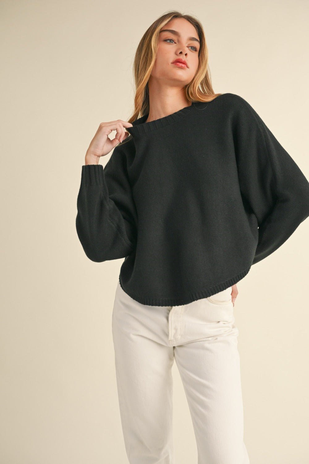 Round Neck Dolman Sleeve Cropped Sweater