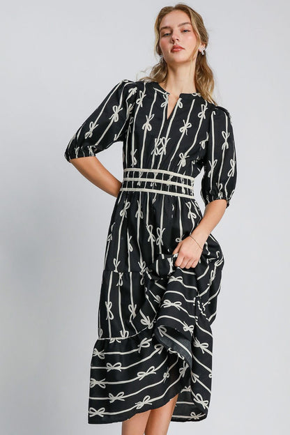 Bow Tie Print Notched Contrast Velvet Trim Midi Dress ONLINE ONLY